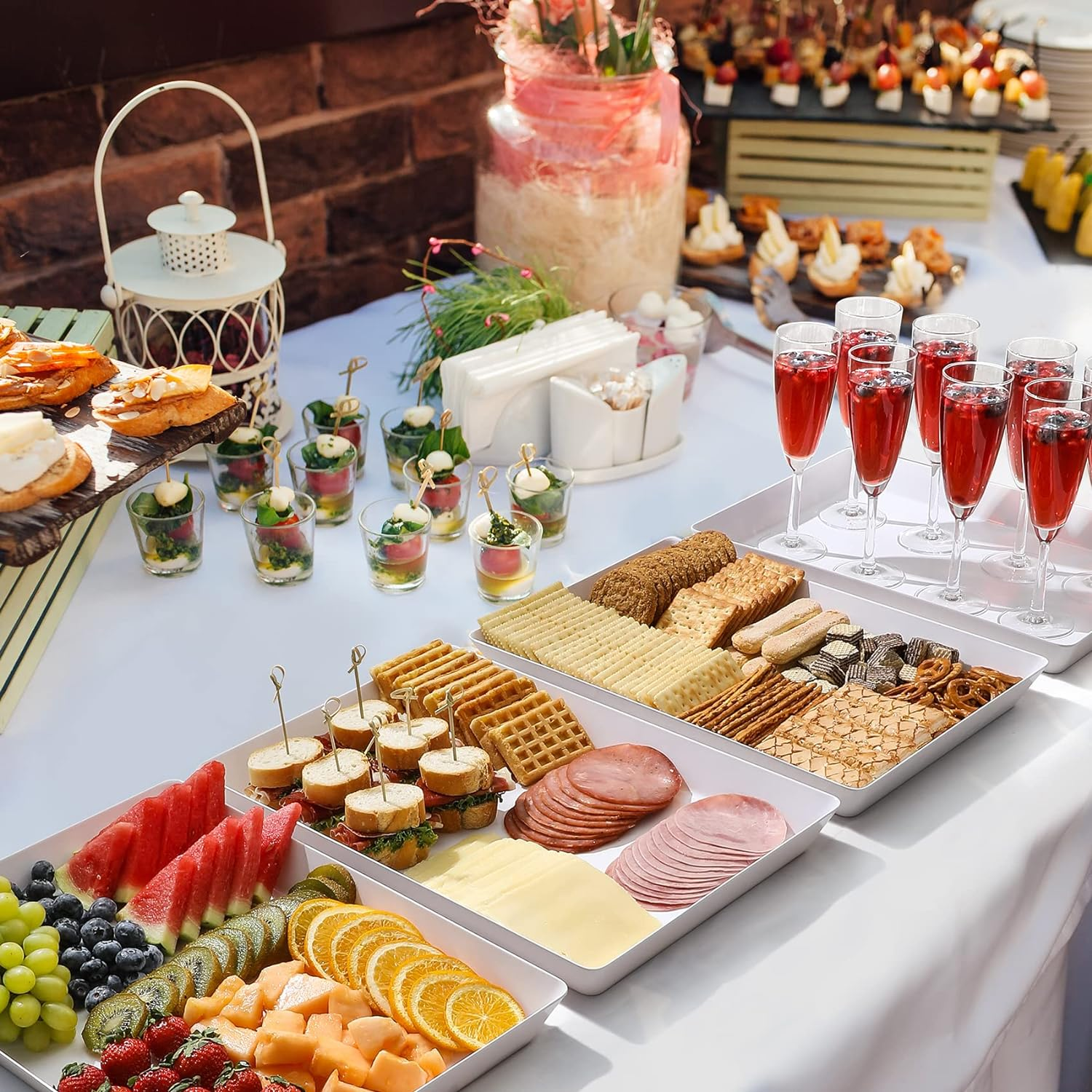 8 Pack, 16" X 11" Large White Serving Trays Set - Reusable Plastic Serving Platters for Cookie, Appetizer, Charcuterie, Snack, Dessert, Party Food Display - Stackable Kitchen Countertop Tray, BPA Free image number 2