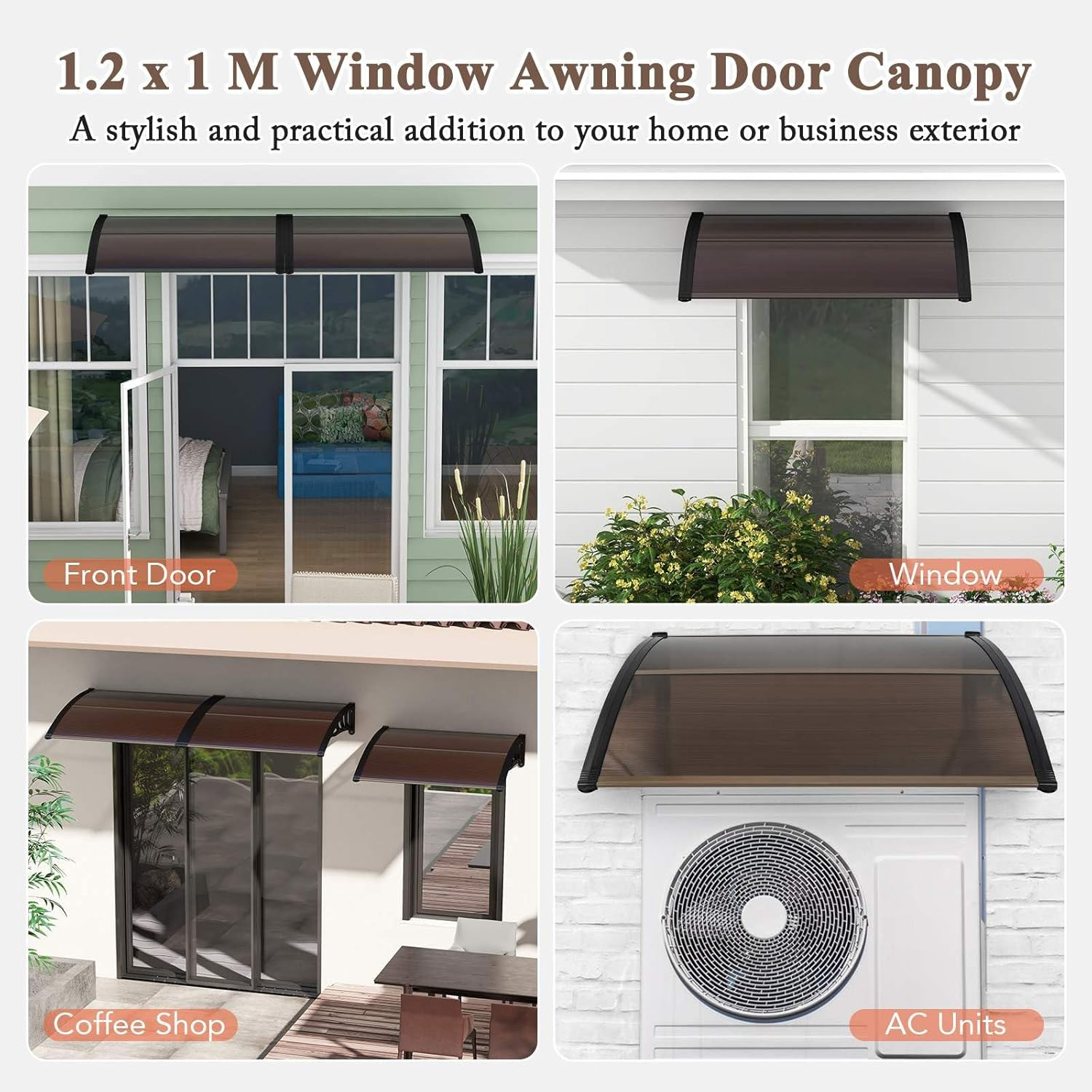 Costway 122 X 99Cm Window Door Awning Canopy W/ UPF50+ Sun Rain Snow Protection Hallow Polycarbonate Sheet, Entry Door Outdoor Patio Overhang Awing Exterior (Coffee) image number 6