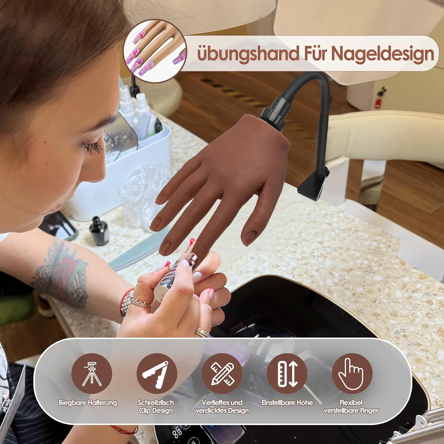 Practice Hand for Nail Design, Silicone Hand with Nail Tips, Flexible Movable Exercise Hand with Adjustable Holder, Practice Finger for Nail Design, Professional Practice Hand for Gel Nails (Brown) image number 5