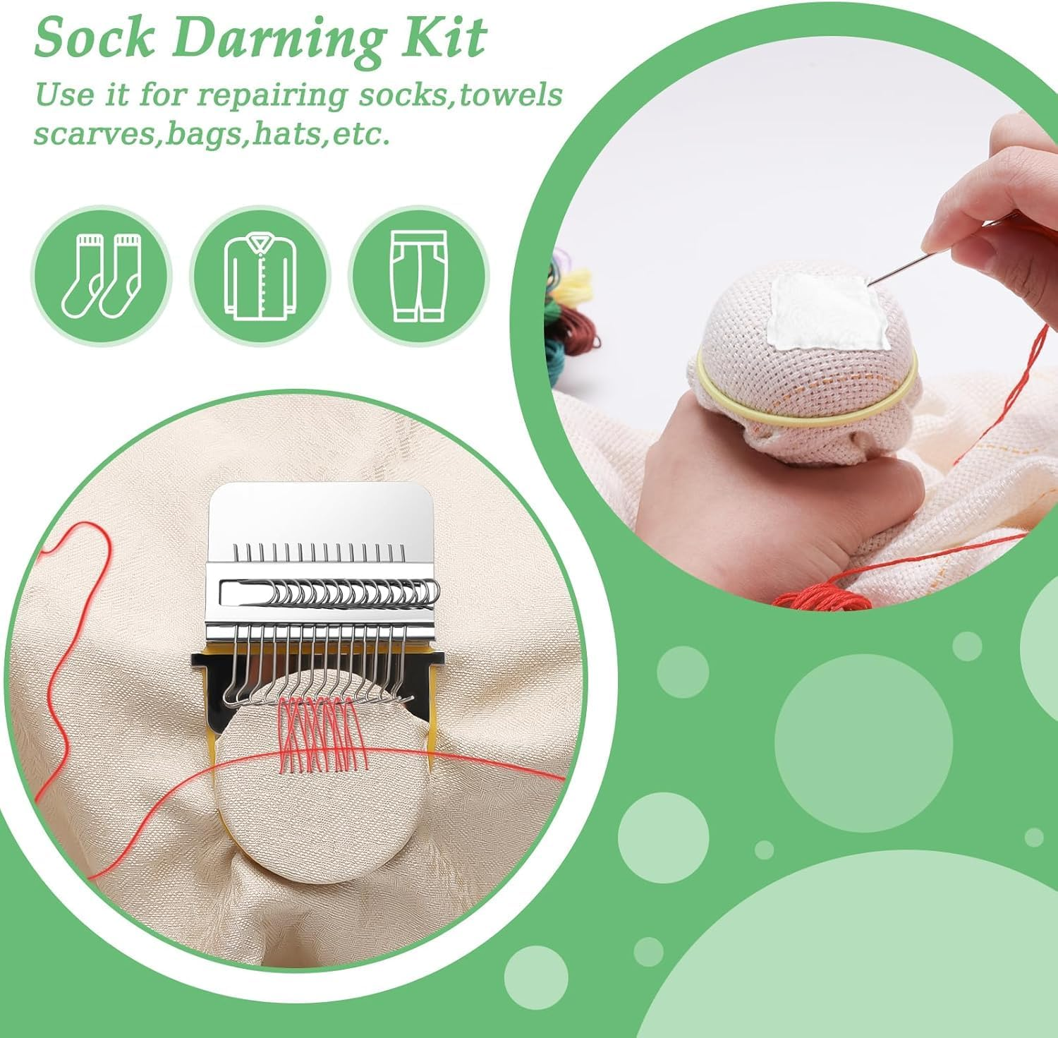 Darning Egg Darning Mushroom for Socks Darner Egg Kit Include 14 Hooks Small Weaving Darner Loom 9 Large Eye Needles 50 Colors Thread for DIY Handicraft Home Sewing Care