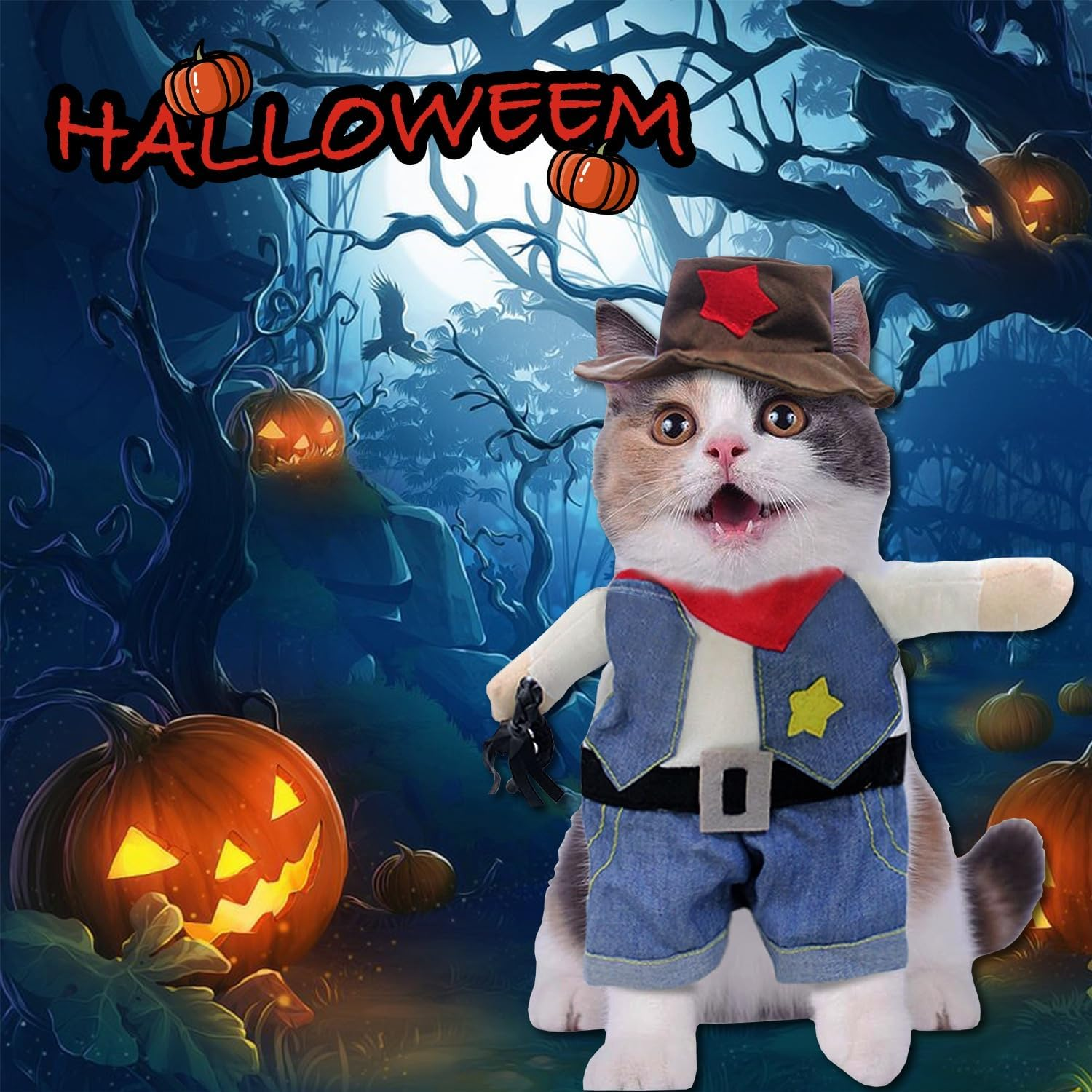 Cowboy Cat Costume with Hat, Funny Dog Costume, Cowboy Halloween Costumes for Cat & Puppy, Cute Cat Clothes Party Cosplay Costume for Cats, Puppy & Small Dogs (Blue, Medium) image number 2