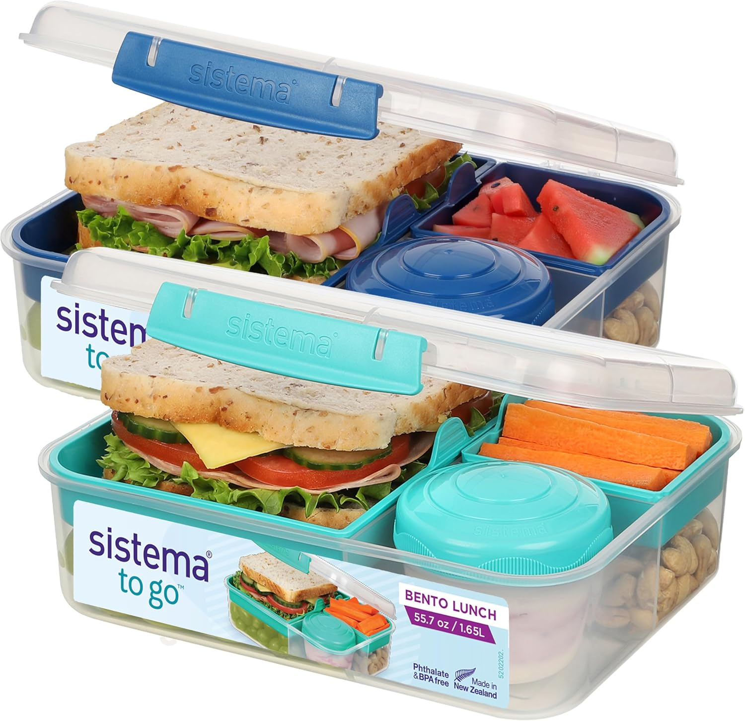 Sistema to GO Bento Box Cubes | 1.65 L | School Lunch Boxes with Compartments & Snack Pots | Bpa-Free | 2 Count | Minty Teal & Ocean Blue image number 2