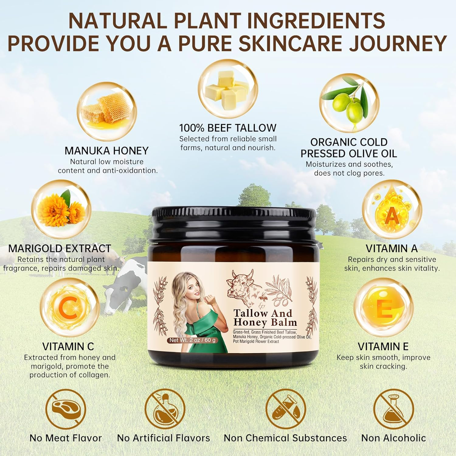 Beef Tallow Cream for Skin, Organic Beef Tallow Face Cream for Dry Skin, Deep Moisturizing Tallow Body Butter Lotion for Cracked Skin, Beef Tallow Moisturizer, 2 OZ. image number 1