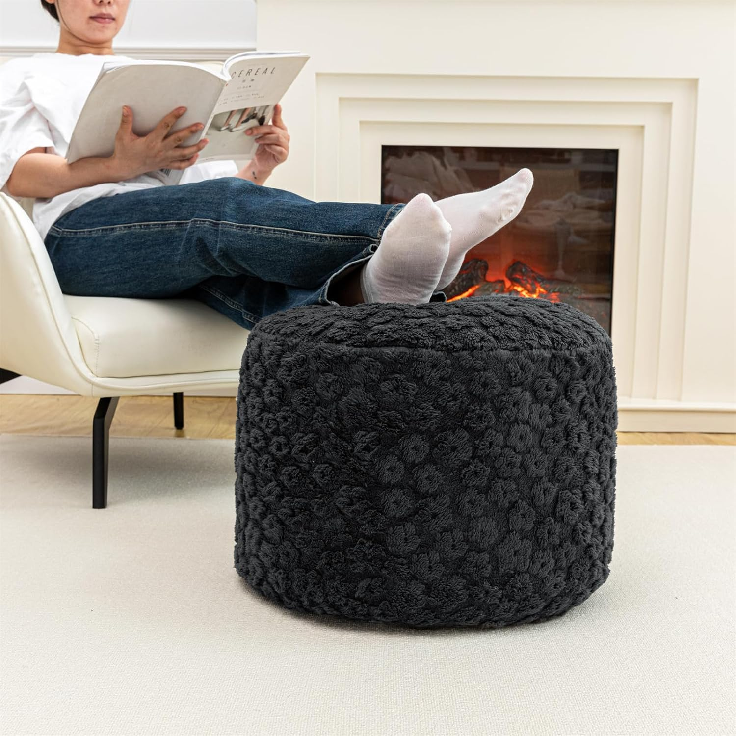 Stuffed Pouf Ottoman Comfy Floral Ottoman Foot Rest for Living Room Bedroom Kids Room Charm Floor Pouf for Home Decor Full Foam Filling Foot Rest for Couch (Dark Gray) - Light Gray image number 6