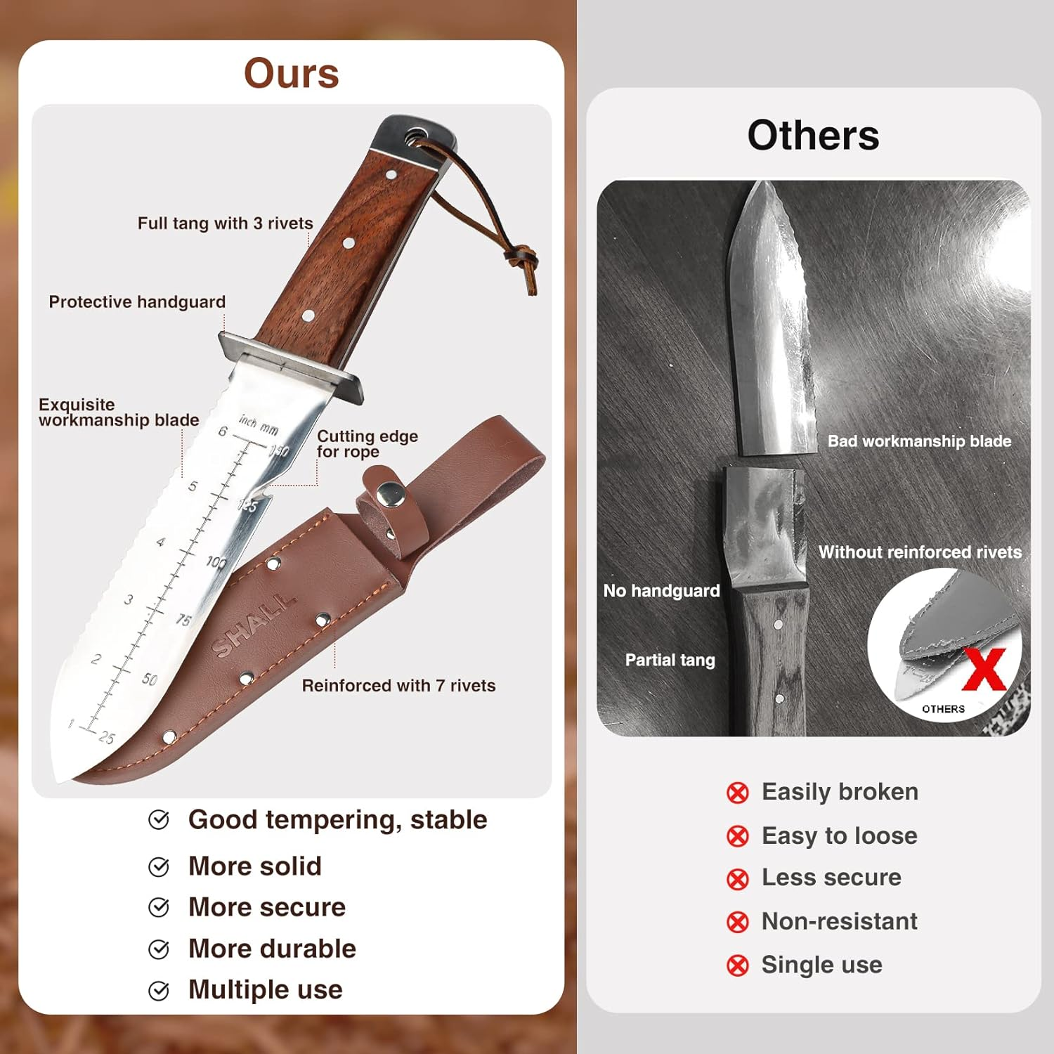 SHALL Hori Hori Garden Knife, Gardening Knife with Leather Sheath, Rosewood Handle & Hide Rope, 7&rdquo; Stainless Steel Blade, Rope Cutting Edge, for Digging, Weeding, Planting, Full-Tang