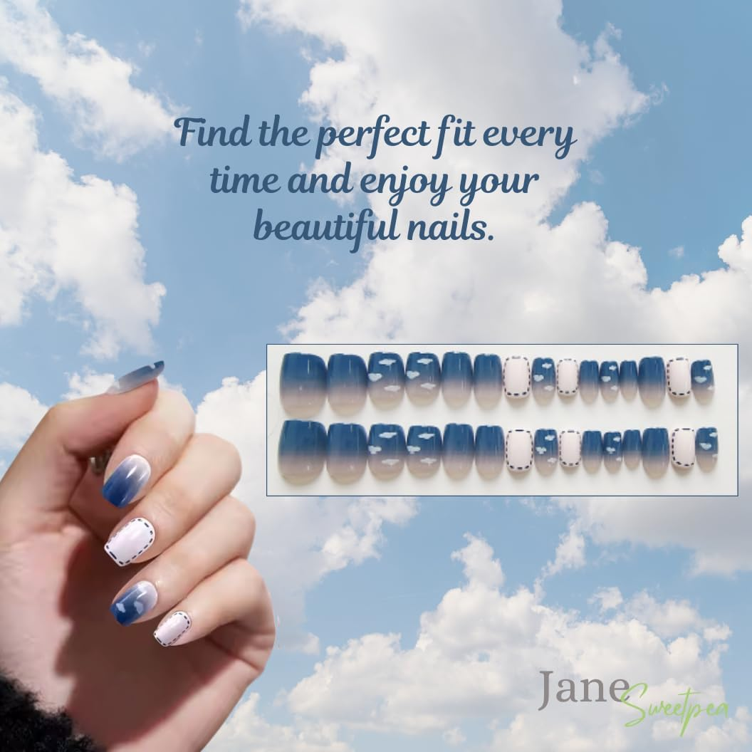Dreamy Blue Skies Press-On Nails by Jane Sweetpea &ndash; Glossy Sky-Inspired Clouds Design, 30 Reusable Tips, Medium Squoval, Glue, Adhesive Tabs & Manicure Tools Included - Almond, Purple image number 7