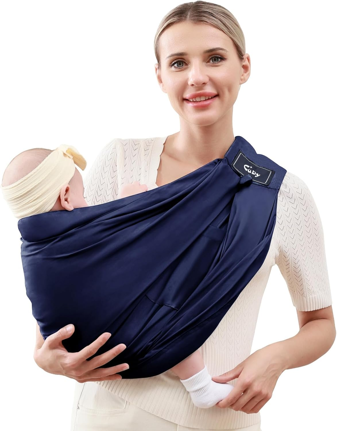 CUBY Baby Carrier Sling, Baby Essentials for Newborn Natural Cotton Adjustable Baby Carriers Soft Comfortable Easy Wearing Nursing for Infant Toddler Wrap Sling for Newborn(Blue Cotton) image number 4