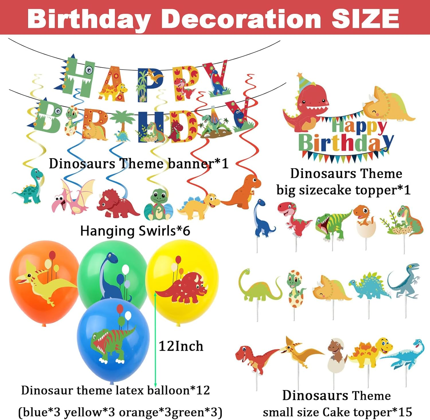 44Pcs Dinosaur Birthday Decorations for Boys Home Dinosaur Party Balloons,Happy Birthday Banner Bunting,Cake Toppers,Dinosaur Hanging Swirls for Kids Baby Shower Cartoon Dino Theme Party Supplies image number 1