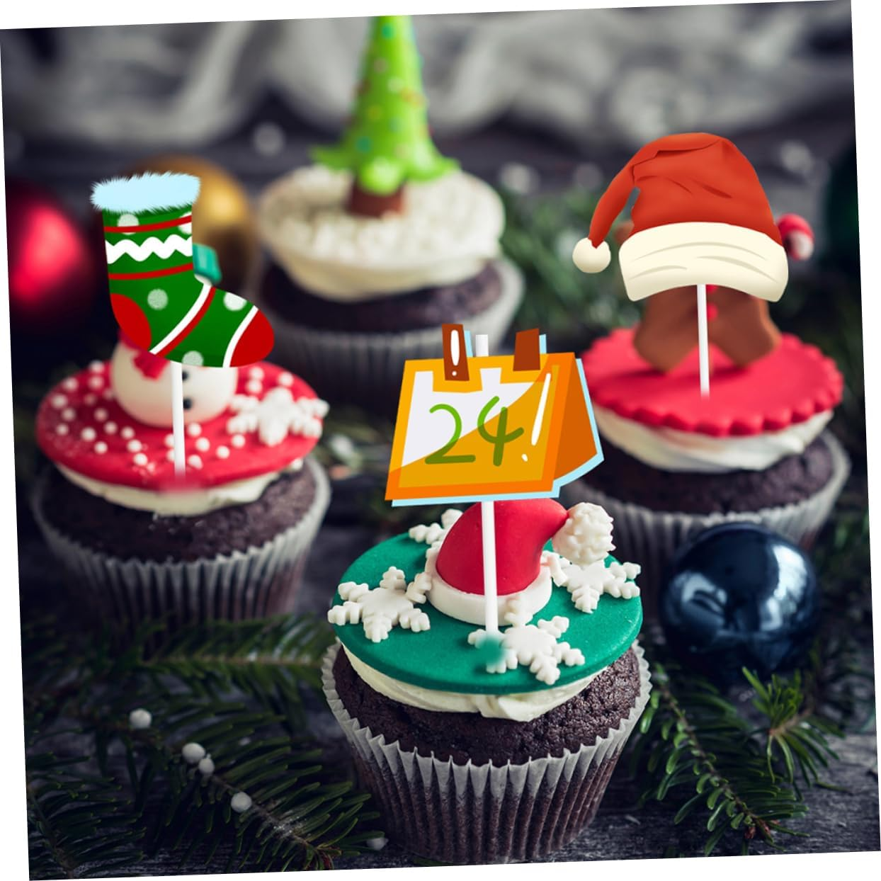 24Pcs Christmas Cake Decoration Festive Cupcake Toppers for Birthdays Showers Holiday Parties Lightweight Easy to Use Christmas Themed Picks for Cakes Desserts image number 3