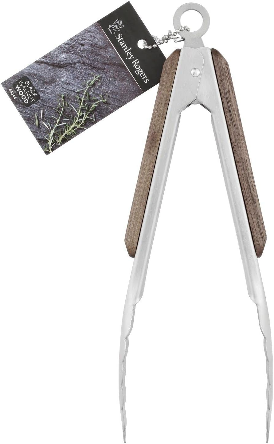 Stanley Rogers Walnut Kitchen Tongs 23Cm Stainless Steel with Wooden Handle - Serving Tongs for BBQ Salad Steak and Entertaining