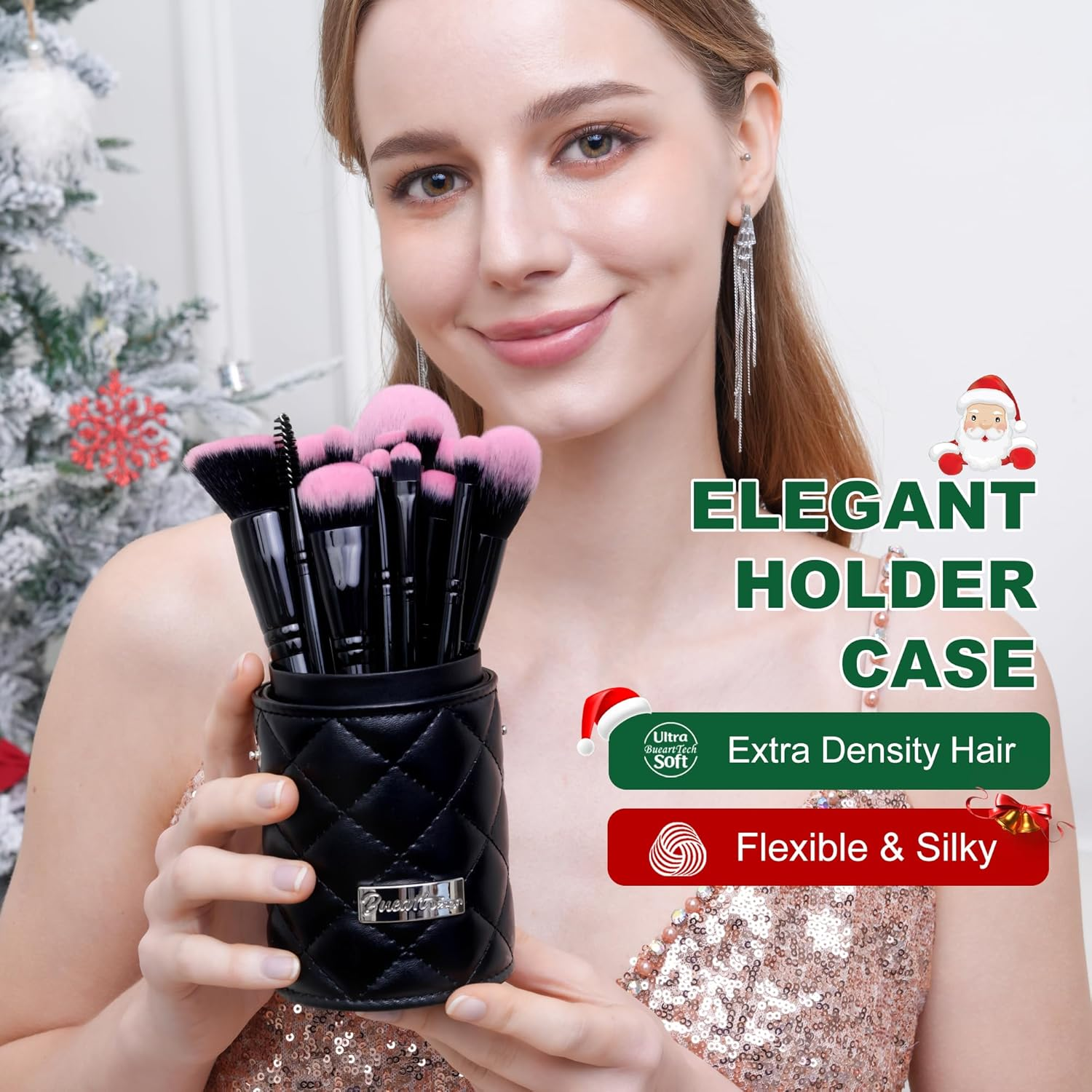 Bueart Design 18Pcs Pro Deluxe Fuchsia Pink Black Makeup Brushes Set with Travel Make up Brush Holder Case Foundation Concealer Contour Blush Eyeshadow Face Make up Brush Set image number 1