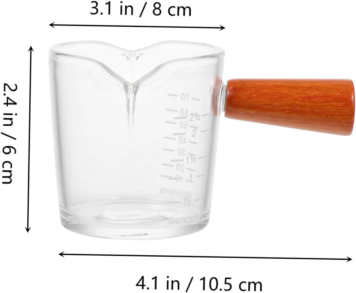 EXAOMBLE Glass Milk Cup with Handle Double Mouth Measuring Cup Thick Glass Coffee Latte Art Pitcher for Home Bar Espresso Frothing and Milk Pouring, Wooden Handle Design image number 2