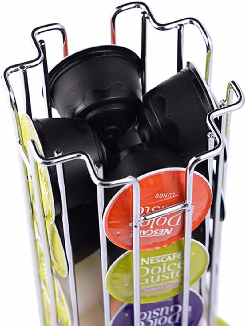 BIGTEDDY Dolce Gusto Coffee Capsule Storage Rack, 24 Pods, Silver, Modern, Revolving, Countertop, Home, Bar, Office, Restaurant, 13*13*33 Cm image number 1