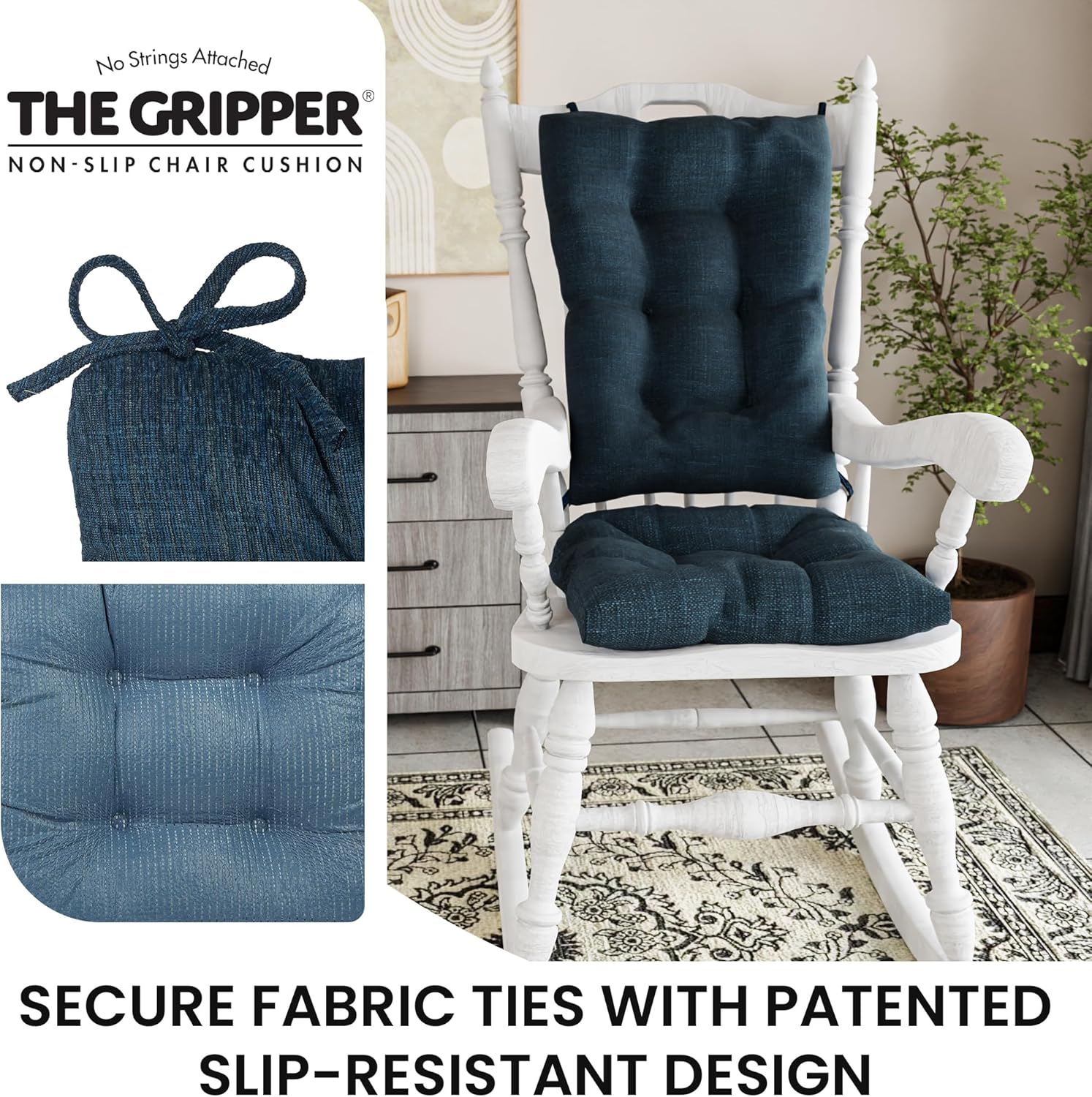 The Gripper Twill Jumbo XL Non-Slip Rocking Chair Cushion Set with Thick Padding, Includes Seat Pad & Back Pillow with Ties for Indoor Living Room Rocker, 17X17 Inches, 2 Piece Set, Sapphire - Mastic Green image number 5