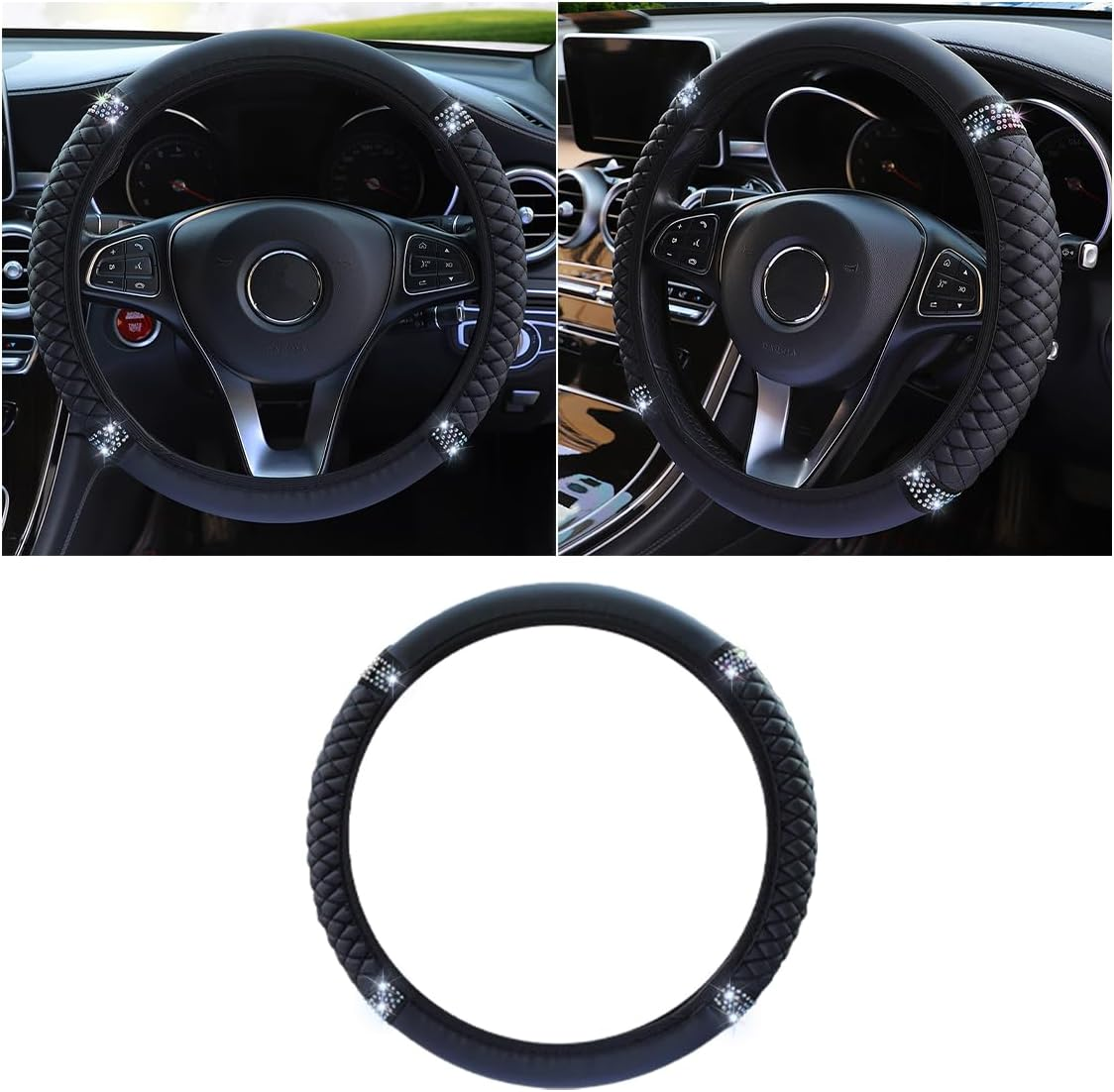 Bling Soft Leather Steering Wheel Cover, 15 Inch Colorful Rhinestones Auto Elastic Protector with Crystal Diamond for Women Girls, Car Accessories for Most Cars, Suvs (Blue)