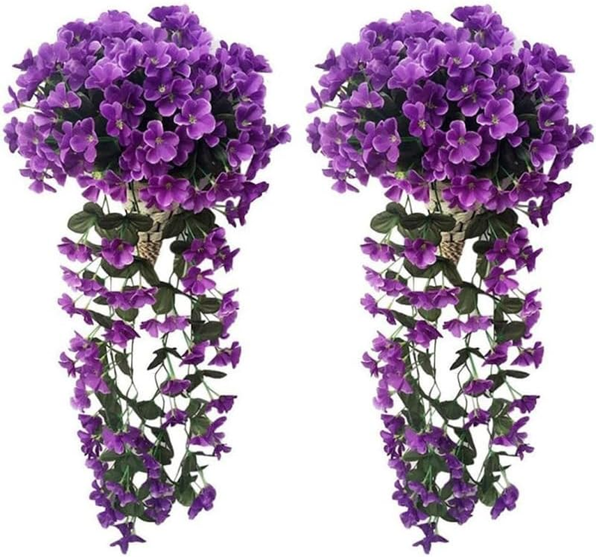 JLHOUSE AU7041-3 Fake Hanging Flower Plants Colorful Orchid Flower Bouquet 2 Pack Artificial Hanging Violets Flowers for Wall Home Room Garden Wedding Indoor Outdoor Summer Decoration (Pink)