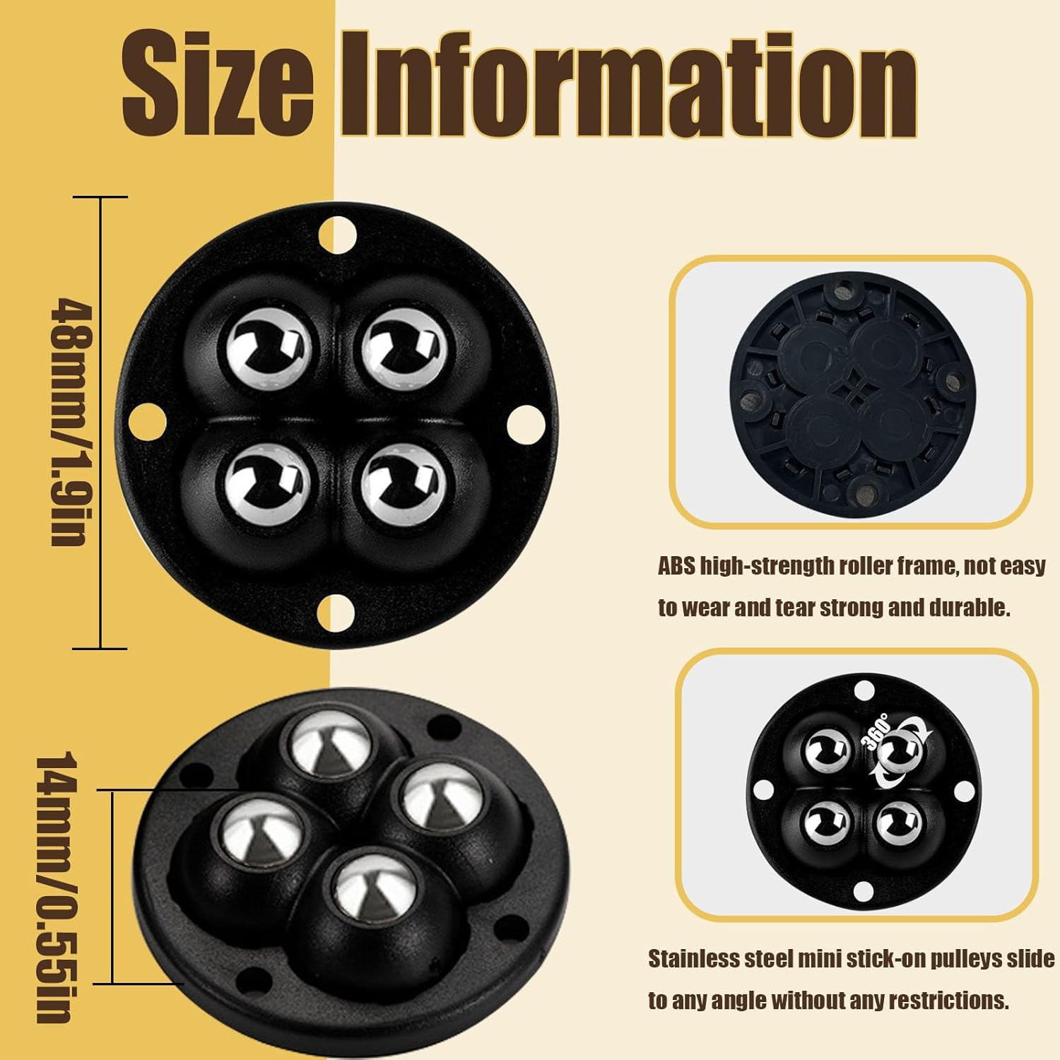 3 Set Self Adhesive Mini Caster Wheels 360 Degree Rotation Sticky Pulley Stainless Steel Universal Wheel with Bearing Roller Casters for Furniture Storage Box Trash Can Bins Bottom Moving (Black) image number 3