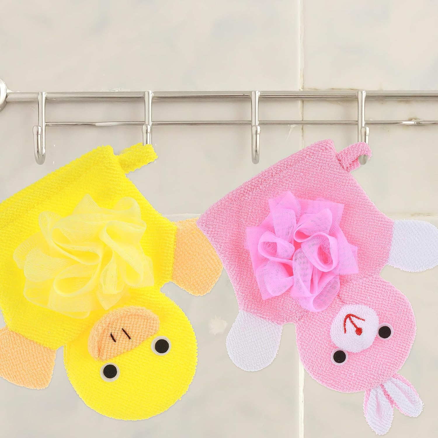 Gjinxi 2 Pcs Bath Mitt Washcloths Gloves, Cute Cartoon Exfoliating Glove Body Scrubber, Gentle Soft Scrub Bath Loofahs Sponges for Kids Shower Washing (Pink Rabbit and Yellow Duck) image number 6
