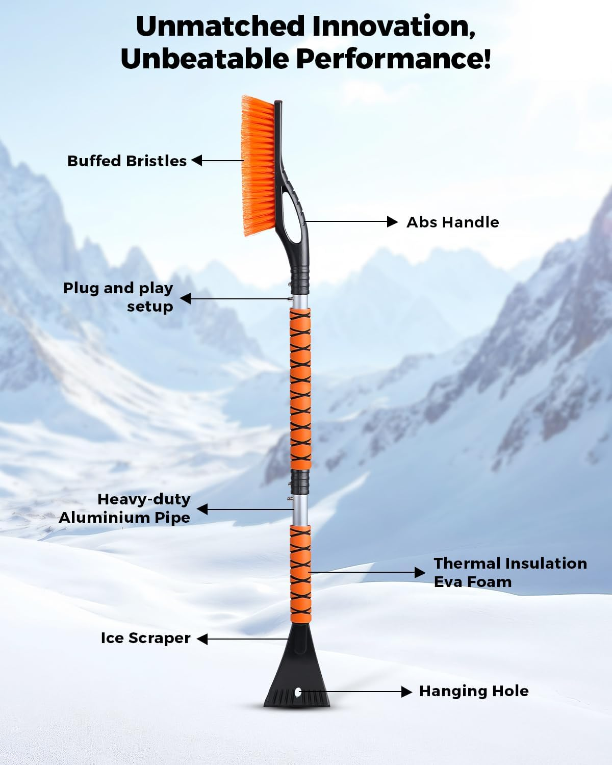Econour Articglide Aluminum Snow Brush with Ice Scrapers for Car Windshield & Window 3 Parts Detachable & Anti-Scratch with Guardglide Technology, EVA Foam Grip, Winter Accessories (43 Orange) image number 3