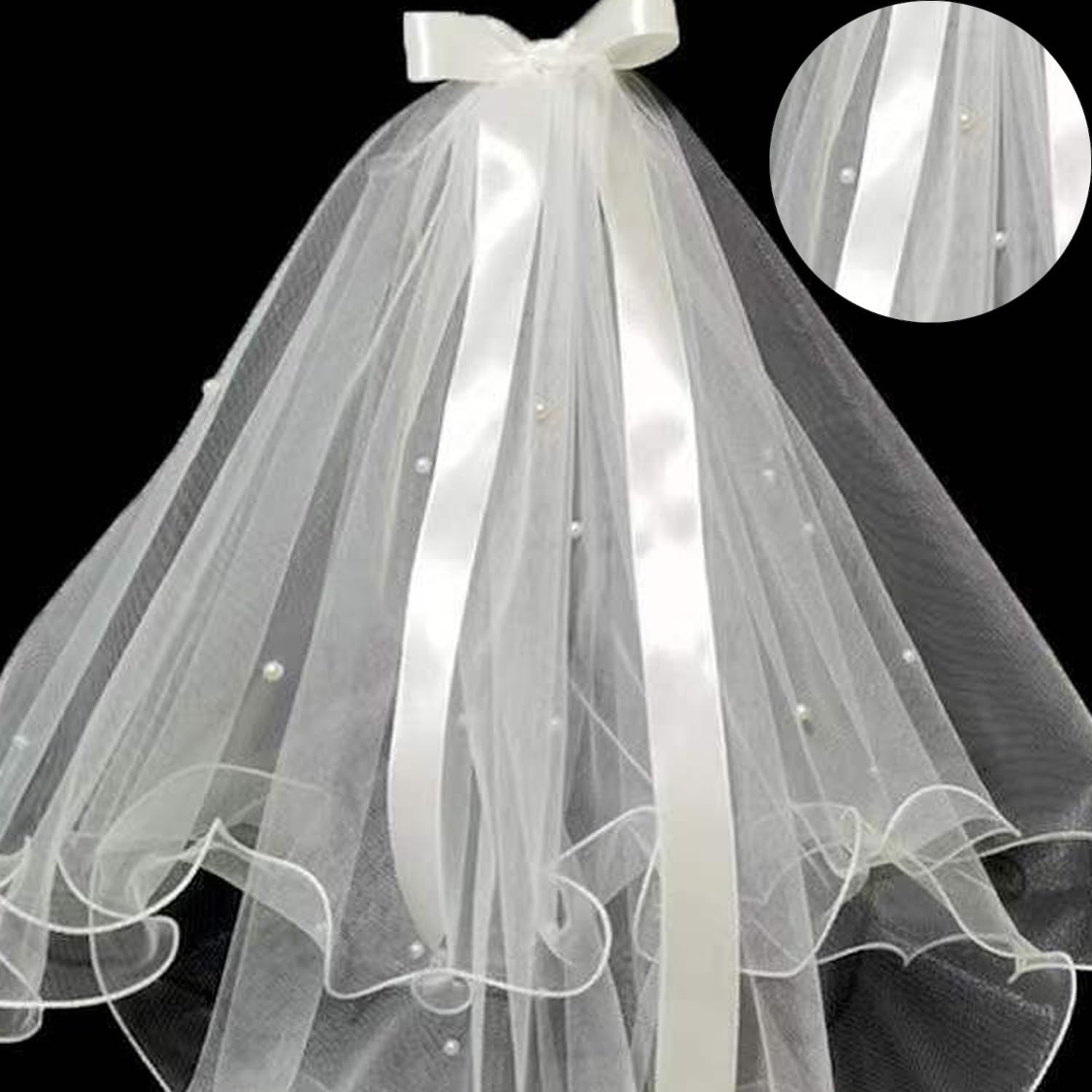 Haobase 1 Piece Wedding Bridal Veil Double Layer Pearl White French Small Head Gauze with Hair Comb(60-80Cm)