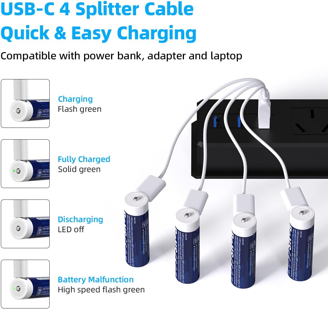 XTAR New 1.5V 4100Mwh USB-C Rechargeable AA Lithium Battery,With Low-Voltage Indicator (4-Pack) image number 3