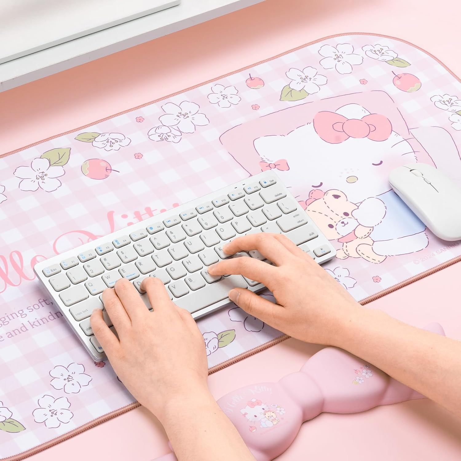 Kuitmor Kawaii Anime Mouse Pad Wrist Rest Support Set - Non-Slip Desk Mat and Memory Foam Bowknot Wrist Rest for Keyboard and Mouse,Perfect for Gaming or Home Office Work - Hello Cat image number 6