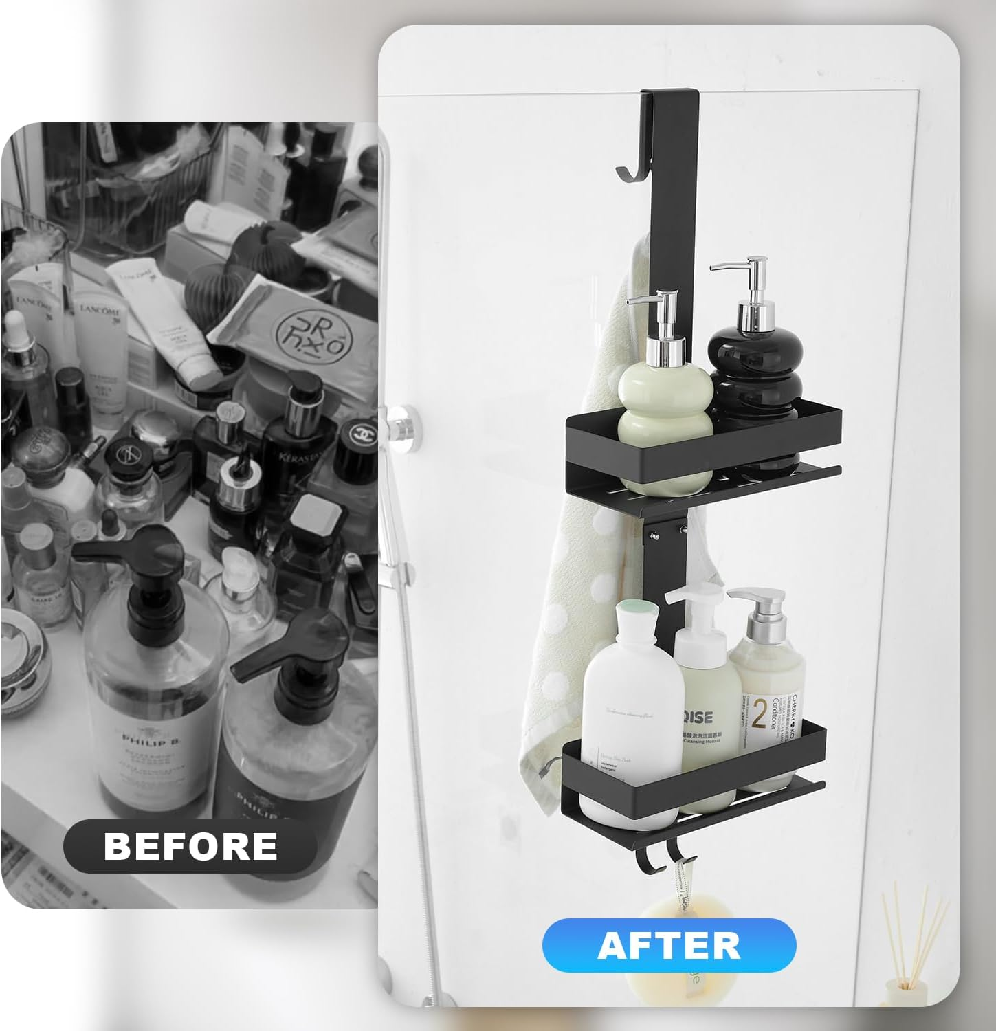 Hiendure Shower Caddy over Door Black - 2 Tier Haning Shower Caddy Shelf Rack, Stainless Steel Shower Organizer No Drilling Bath Shower Storage - Black image number 3