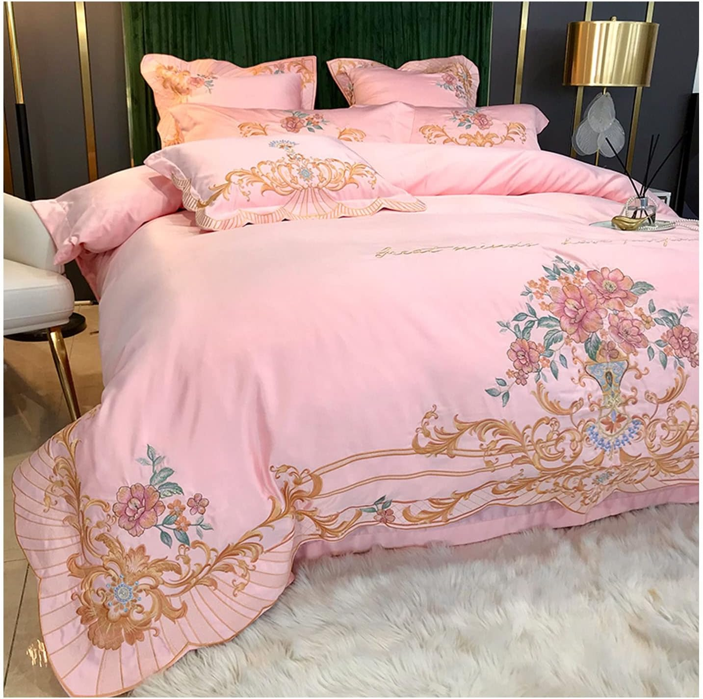 4 Pieces Duvet Cover Set European Style Light Luxury 60S Cotton Embroidery Bedding Sets 1 Duvet Cover 2 Pillow Shams 1 Fitted Sheet Twin Double Queen King (Color : Pink B, Size : 200X230Cm-150X200Cm image number 3