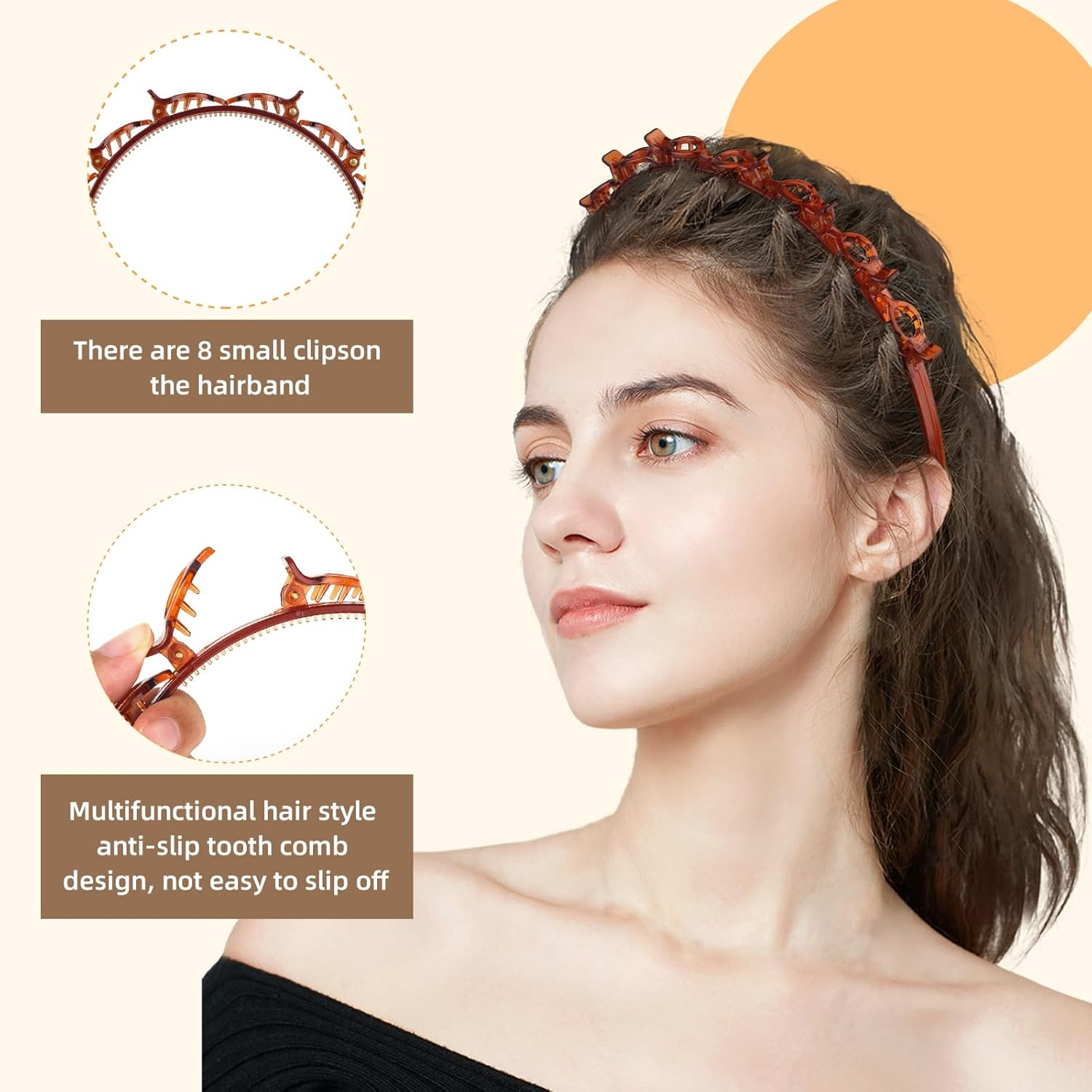 Pack of 4 Headband with Clips, Braided Headband with Clips, Bangs Headband with Clips, Headband with Clips with 4 Hair Clips for Women, Girls (Black + Brown) image number 3