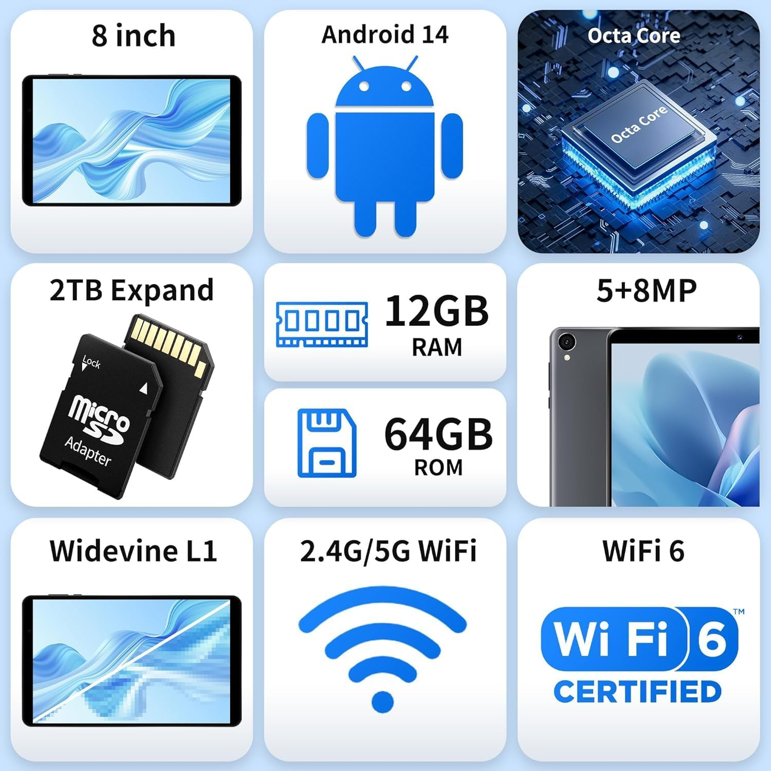 2025 Android 15 Tablet 8 Inch Tablet, Octa-Core Processor, 12GB RAM 64GB ROM 2TB Expandable, 1280 * 800 IPS HD Screen, Wifi6, BT5.4, Widevine L1, 5MP+8MP Dual Camera Tableta - Grey - Black image number 6