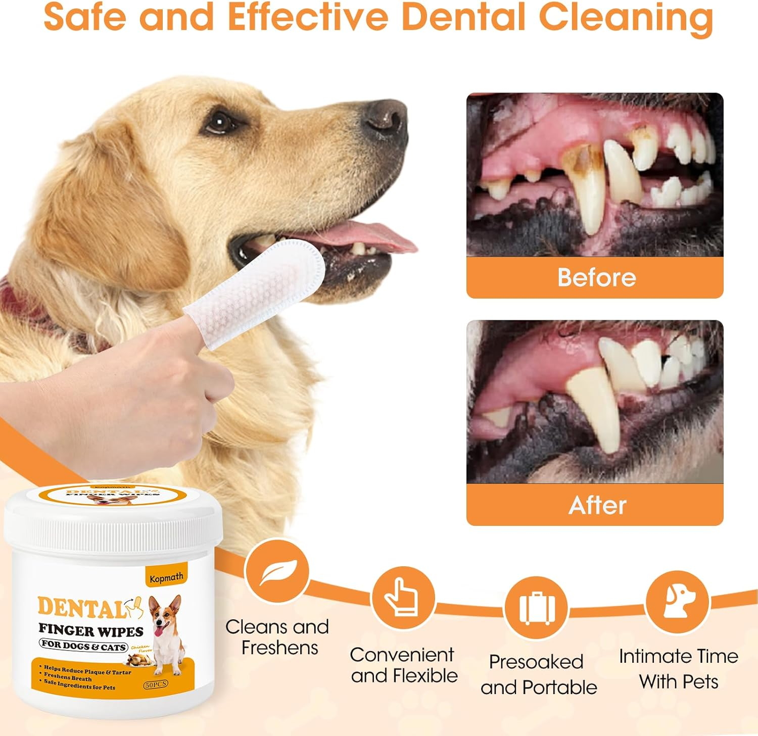 Teeth Cleaning Finger Wipes, Dog Dental Wipes, Reduce Plaque & Tartar, Freshen Breath, Safe & Natural Pet Dental Wipes for Dogs Teeth, Portable Dog Tooth Wipes for Cats,50 Ct, Chicken Scent image number 5