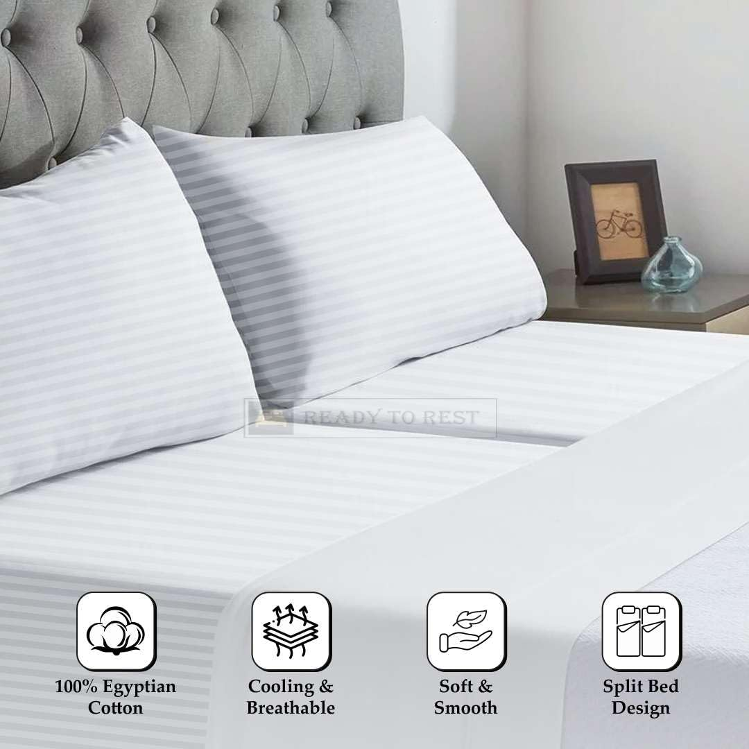 Ready to Rest 100% Egyptian Cotton Split Queen Sheets Sets for Adjustable Bed 5 Piece, Fits Mattress Upto 16" Deep, Hotel Luxury, Ultra Soft, Cooling Bed Sheets, White Stripe image number 4