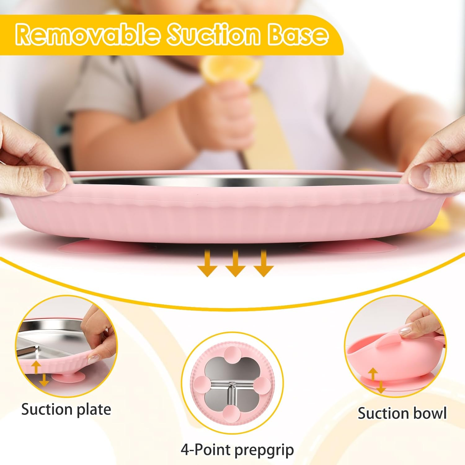 Baby Stainless Steel Feeding Set - 2 Four Leaf Clover Plate + 2 Bowls with Removable Silicone Lids | 100% Food Grade 304 Steel | Dishwasher Safe Toddler Tableware (Pink & Yellow) image number 2