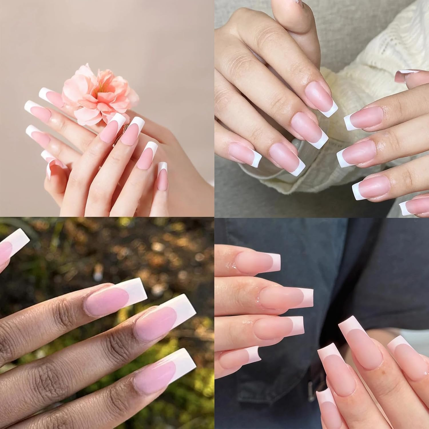 120Pcs Matte French Press on Nails | Pink & White Square Long Salon-Grade DIY Fake Nails Kit for Women | Reusable Glue-On Nails with Storage Box &ndash; Perfect for Christmas & Parties - Brown  White image number 6