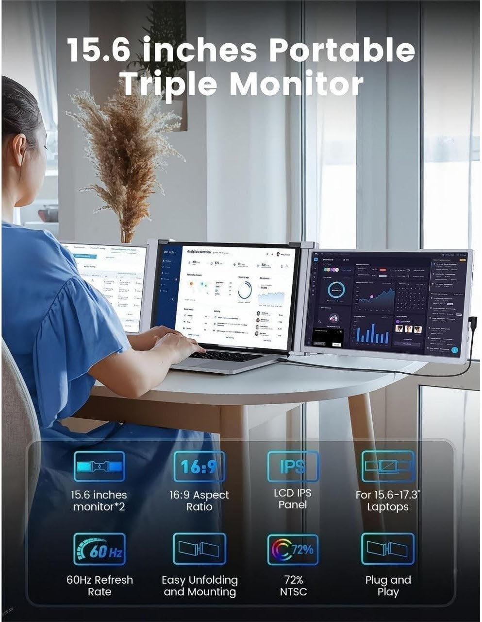 Trion Portable Monitor Extender for Laptop Full HD Foldable Dual Screen 15.6 Inches - Grey (1 Year AU Warranty) image number 2