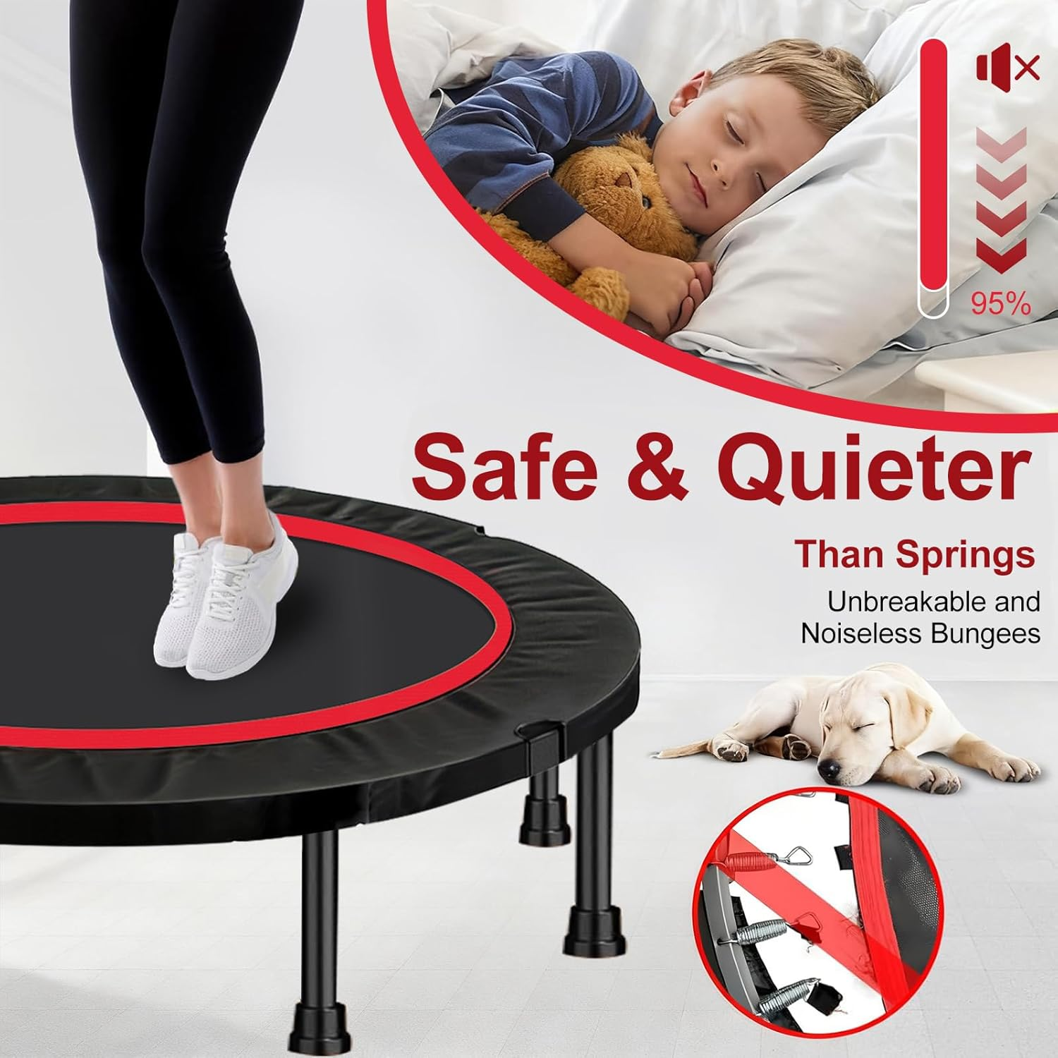 48" Foldable Mini Trampoline Rebounder, Fitness Trampolines with Adjustable Foam Handle, Thick Steel Spring Exercise Rebounder Trampoline for Adults Indoor Outdoor Workouts Max Load 300KG image number 5