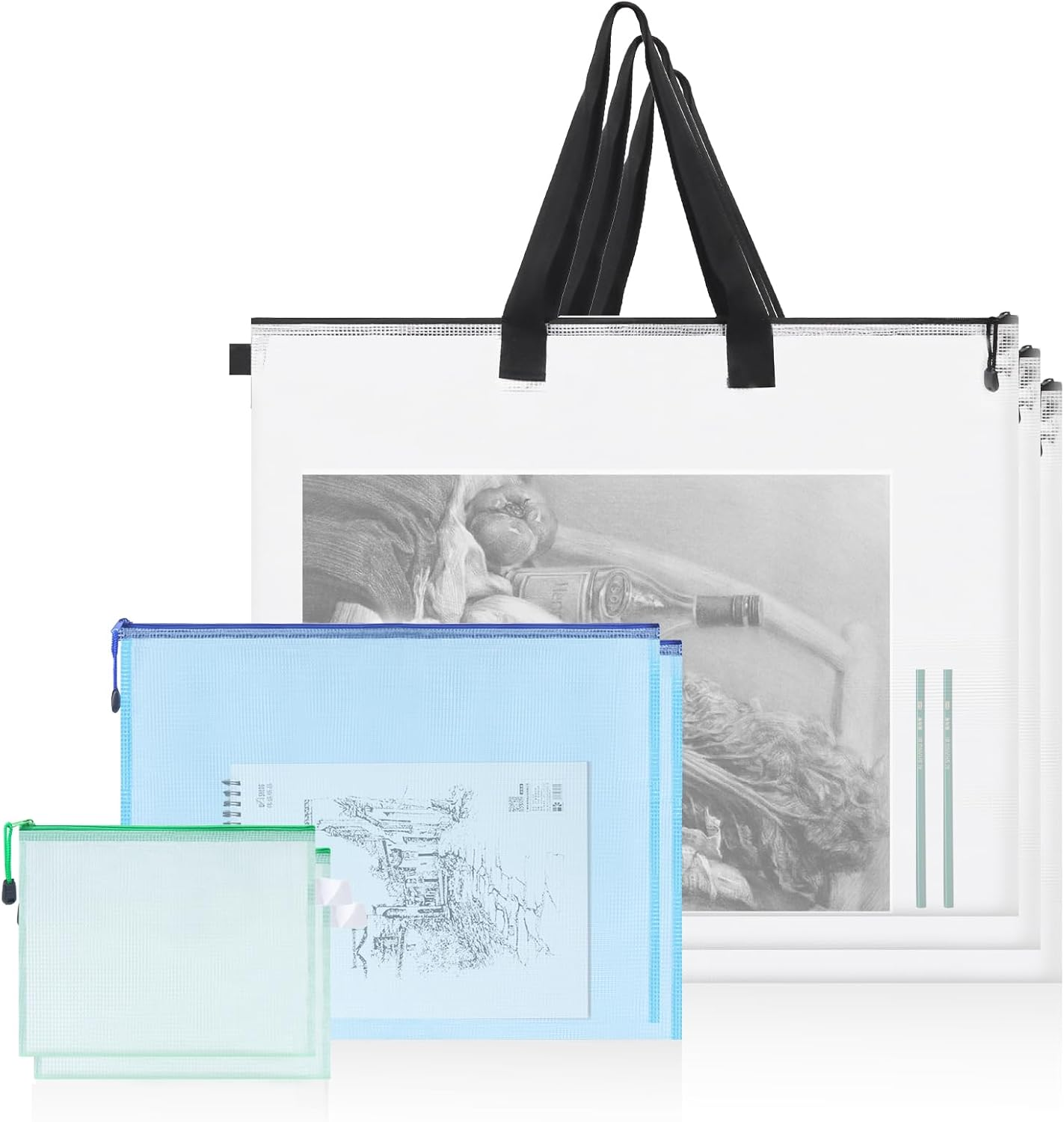 Glarks 7Pcs Art Portfolio Bag Set, 3Pcs 19 X 25 Inch Poster Storage Bag Organizer Transparent Bag with Zipper and Handle and 4Pcs A3 A4 Mesh Zipper Pouch Art Supply Bag Set for Artwork Bulletin Board image number 3