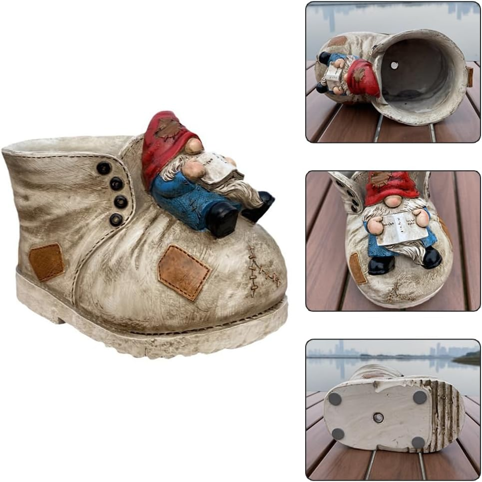 Creative Dwarf Garden Statue Gnome Resin Sculpture Creative Boot Shaped Succulent Planter Hand-Painted Decor Plant Pot for Garden & Succulent Planting image number 5
