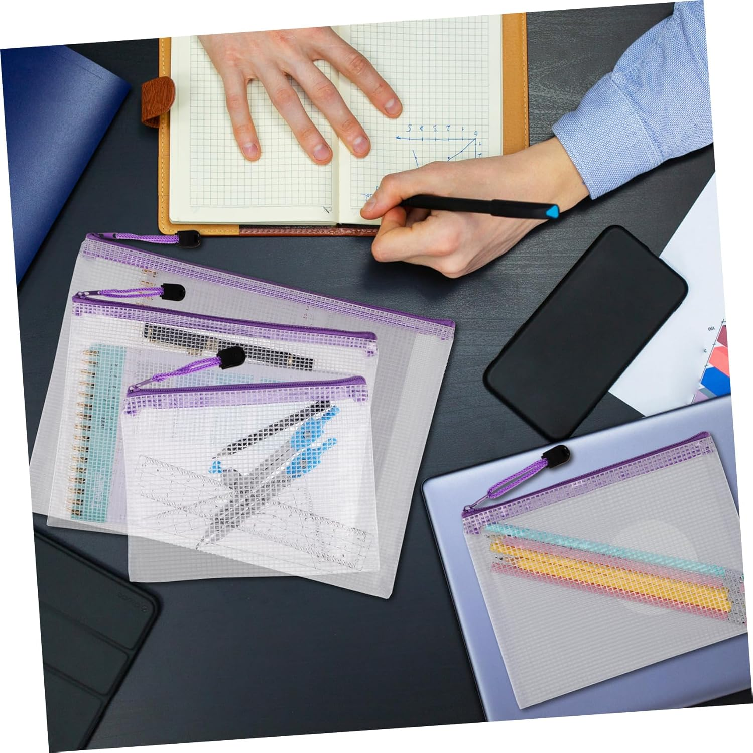 TIDTALEO 32Pcs Mesh Zipper Pouch Transparent Document Wallets with Purple Zippers and White Mesh Body Multi Organizer Bags for Stationery Travel Office Supplies Portable and Lightweight image number 6