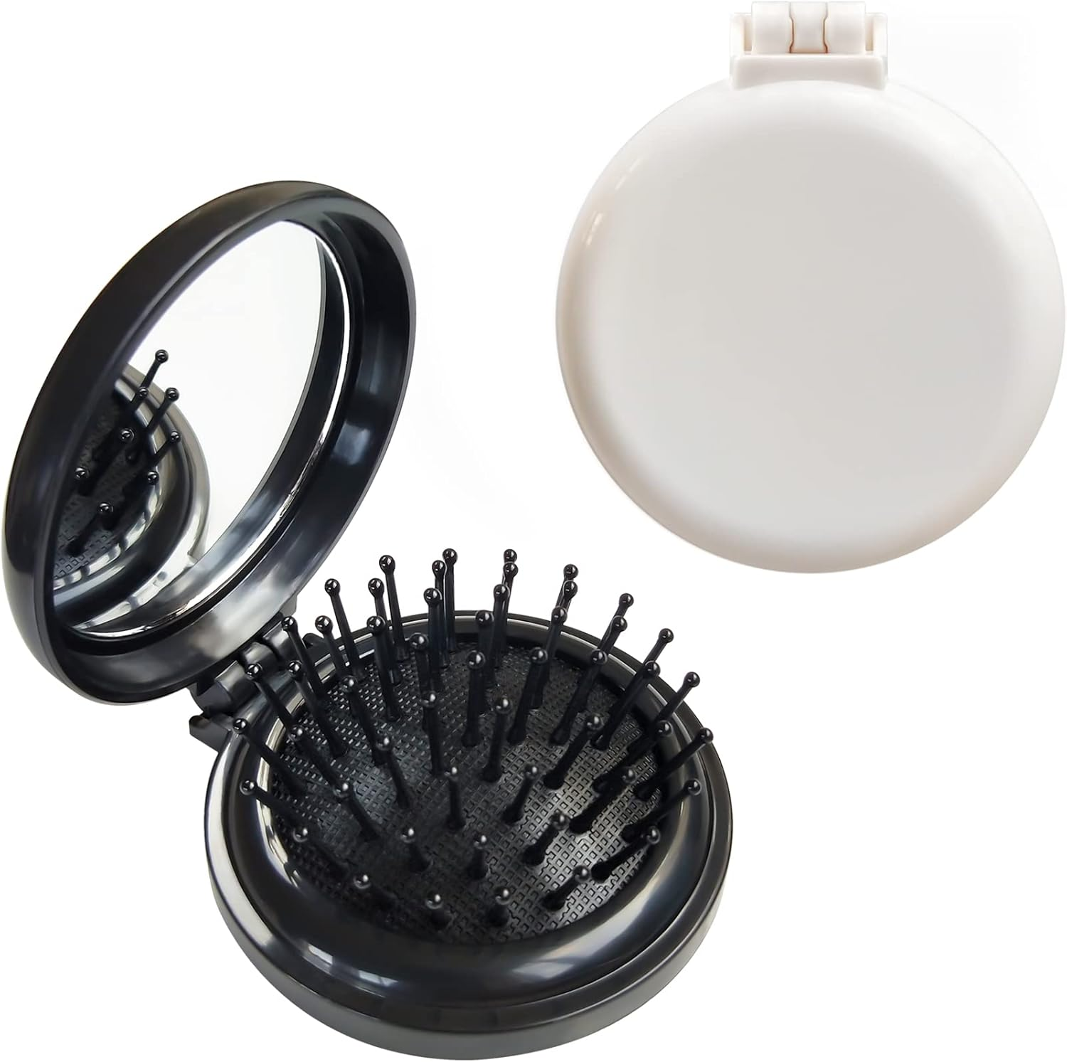 Folding Hair Brush with Mirror for Purse/Pocket,Round Mini Compact Massage Comb for Girls and Women (Black+White)