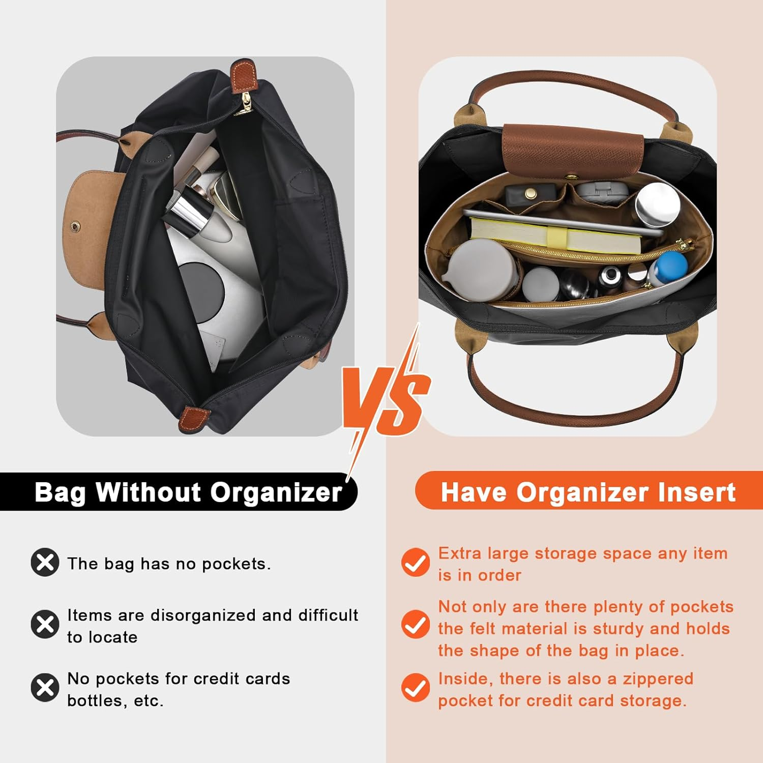 LOUKAYCCI New Dupont Paper Purse Organizer Insert for Longchamp Le Pliage M Handbag Insert (White&Brown, Medium) image number 5