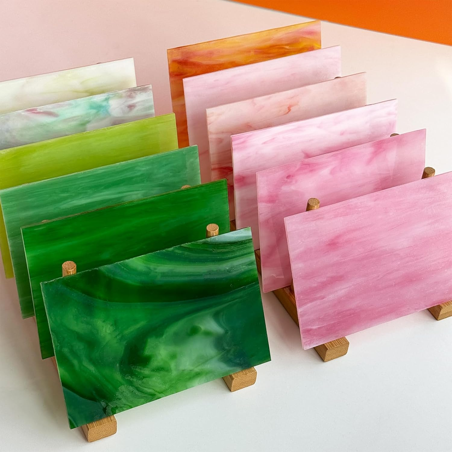 ILLUCKAI 12 Sheets Stained Glass Sheet Pink and Green Collection, 6 X 4 Inch Stained Glass Mosaic Tiles for Stained Glass Projects Mosaic Crafts image number 4