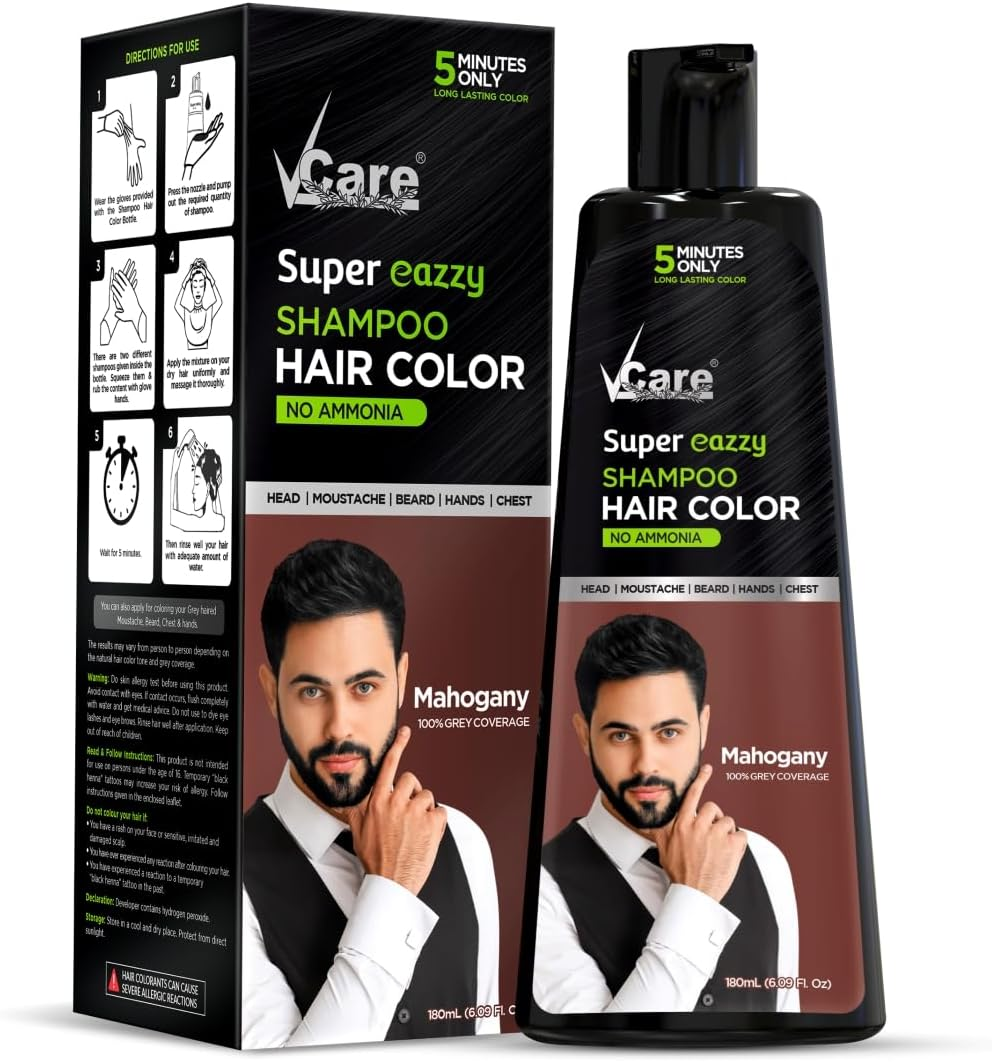 Vcare Super Eazzy Hair Colour Shampoo for Women and Men 180Ml | Only 5 Minute Root Hair Dye Coloring Kit Head, Moustache, Beard, Hands, Chest | No Parabens, Ammonia and Sulfates (Natural Black)