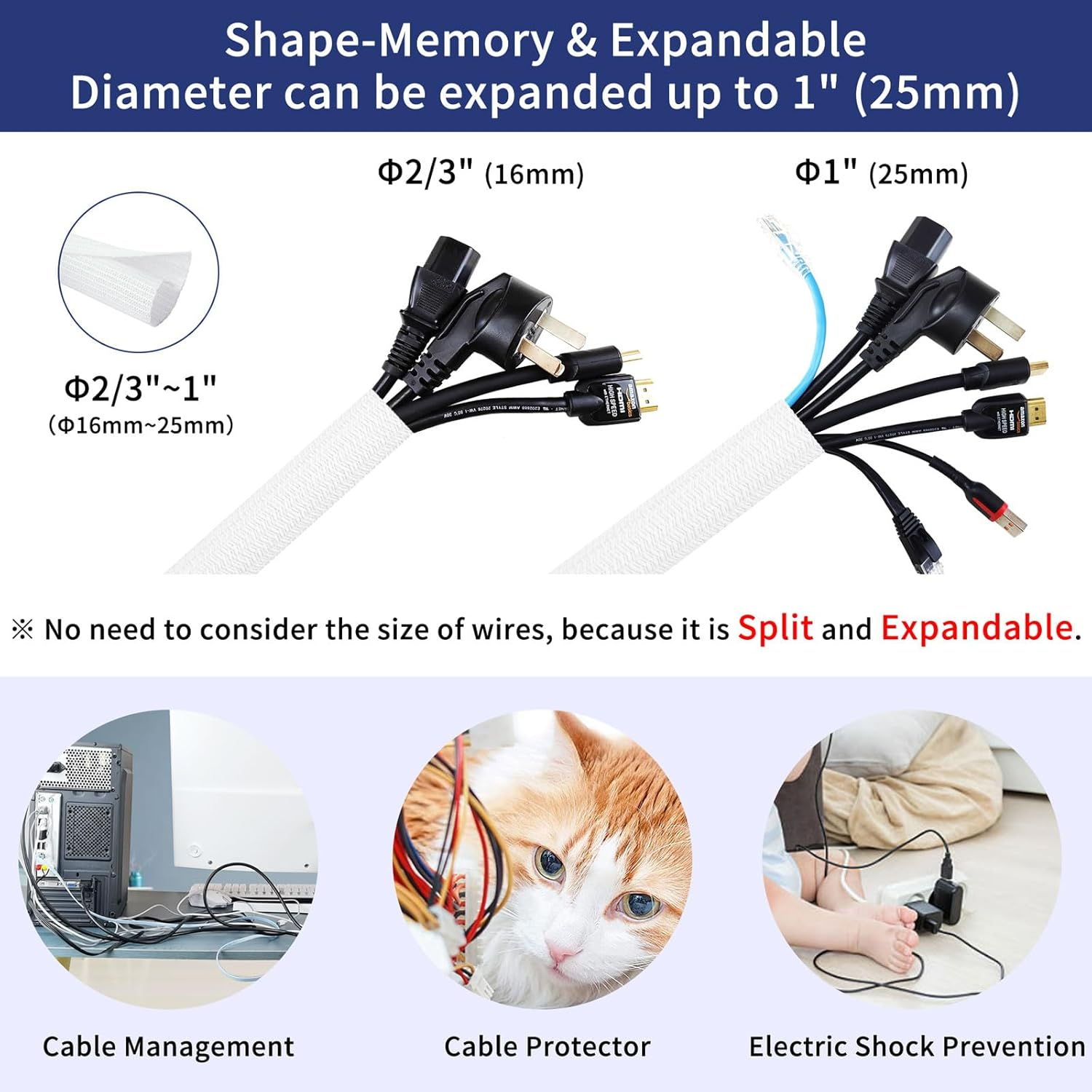 SONATURE Cable Management, 10Ft - 2/3 Inch Wire Loom, Self-Wrap Cable Organiser, Braided Cable Sleeve with 14 Reusable Cable Ties Included, Cord Organiser for Tv/Audio/Pc/Automobile at Home/Office image number 4