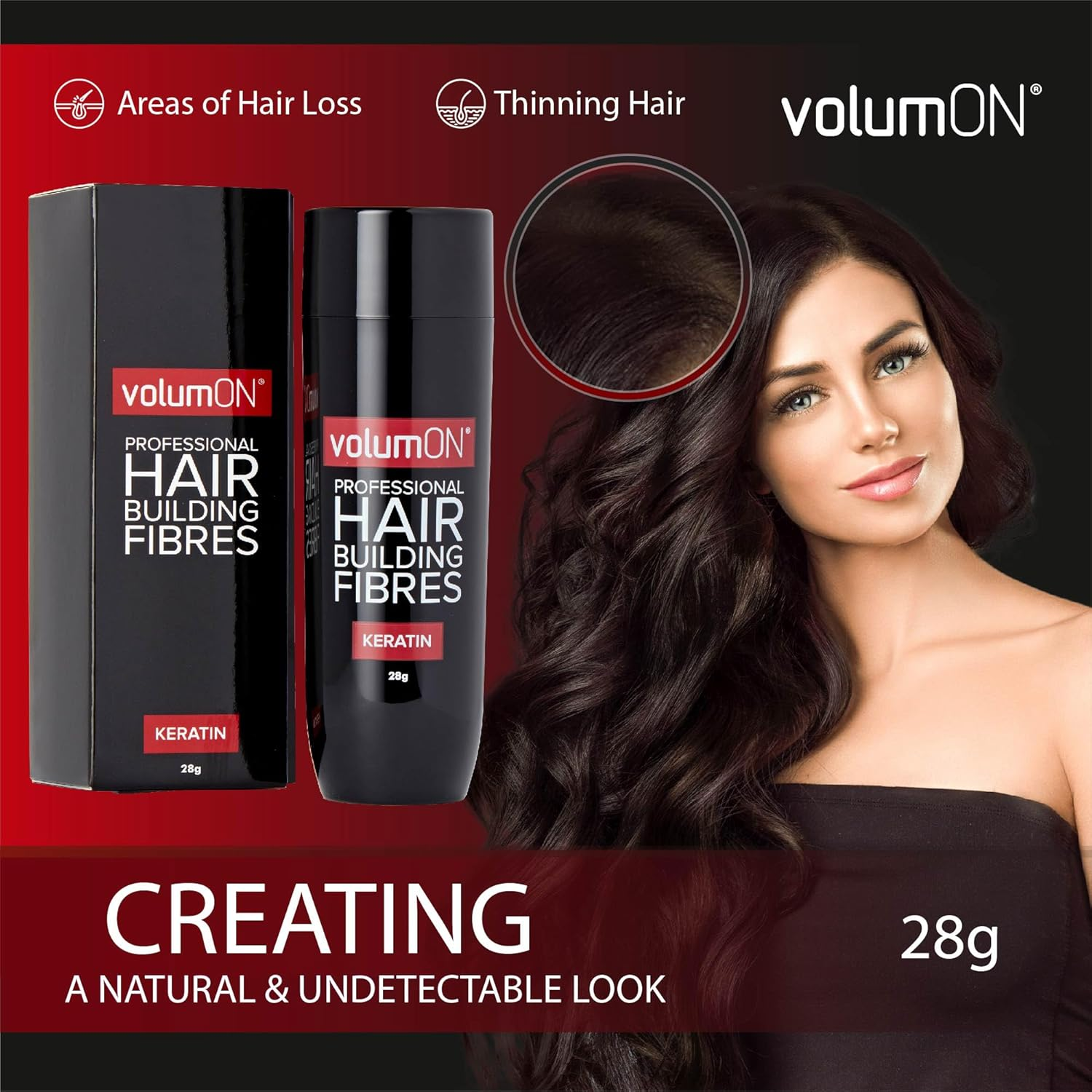 Hair Fibres VOLUMON Keratin Hair Building Fibres for Thinning Hair - Instantly Conceals Thinning Areas for Fuller Thicker Hair - for Men & Women 28G plus Hairline Optimiser & Applicator (Black) image number 1