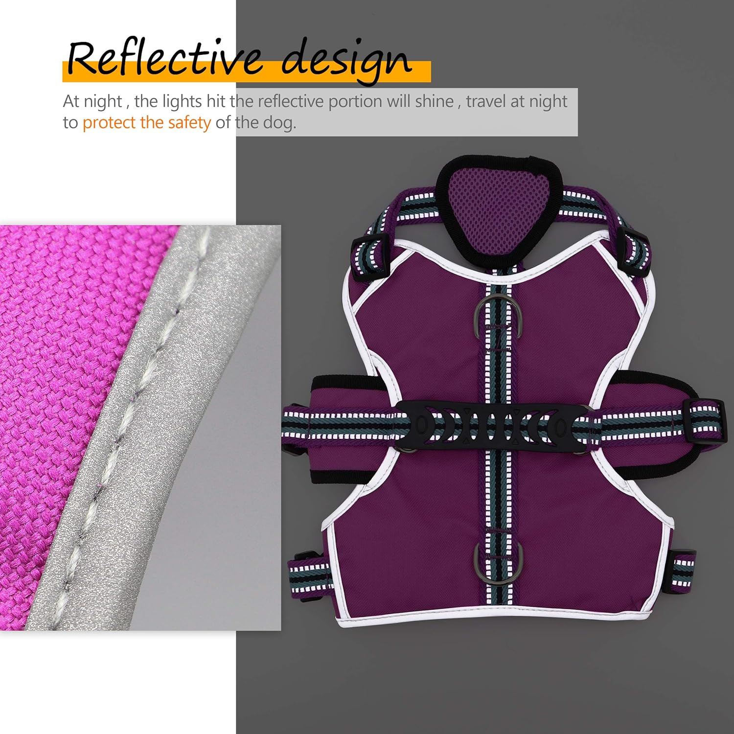 Didog Escape Proof Dogs Harness,Soft Breathable Padded & Reflective,Adjustable No Pull Dog Harness with Lift Handle & Double Leash Clips for Medium Large Dogs Walking Hiking Training,Purple,S image number 4