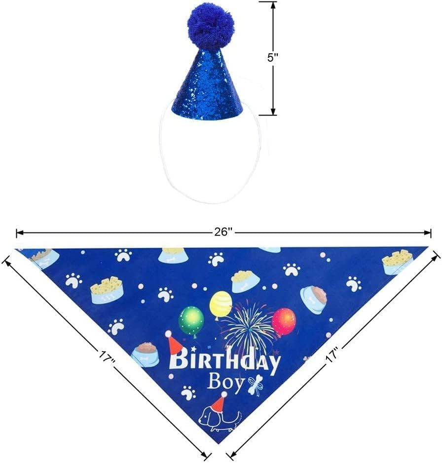 Dog Birthday Party Set, Blue Birthday Boy Bandana and Glitter Party Hat with Pom Pom