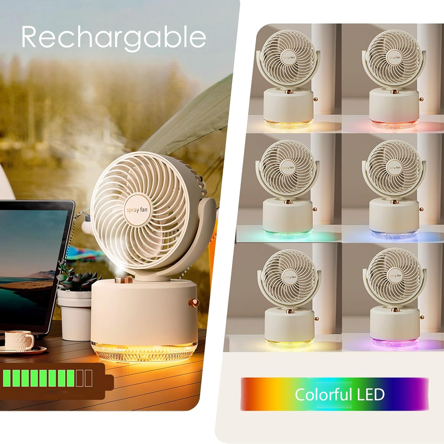 Desk Fan with Spray Portable Rechargeable Small Fans for Bedroom,Usb Oscillating Cooling Table Fan Long Time Work,Personal Electric Cold Air Portable Fan for Desk (Beige) image number 1