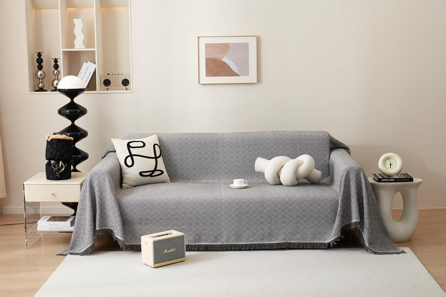 Sofa Cover Blanket, L Shape Sectional Couch Covers Protector (NOT for Dog Cat Pet) Weaved (Grey, 180X300Cm/71X118) image number 2