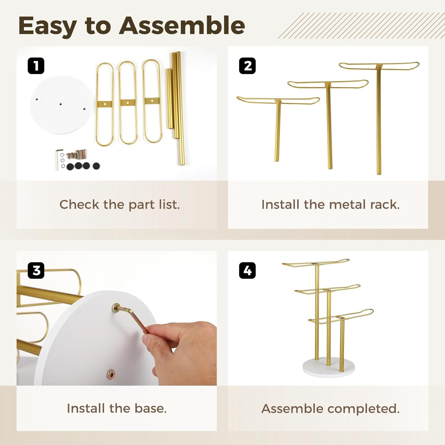 YOFAPA Metal Headband Holder Organiser, Metal Head Holder Manager, Three Layer Hair Holder, Hair Clip, Bracelet, Hair Holder with Gold Frame, White round Base image number 1